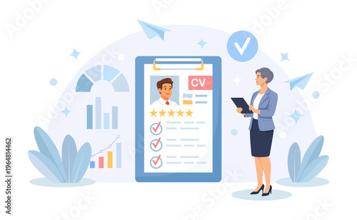 Human resources concept. Review job candidate resume for vacancy or hiring qualification. HR manager analyzing applicant. Business people select and review talent person to fill job positions