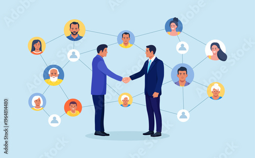 International business. Successful partnership negotiation. Business partners shaking hands announcing collaboration. Diverse professionals connected in a network and building business relationships