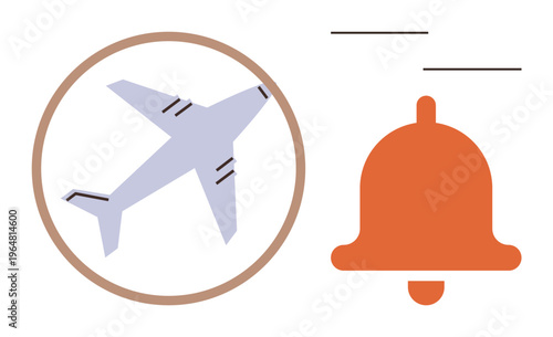 Travel alerts, aviation safety, flight schedules, trip notifications, airline updates, digital communication. Airplane inside a circle and an orange bell symbol. Travel alerts and aviation safety