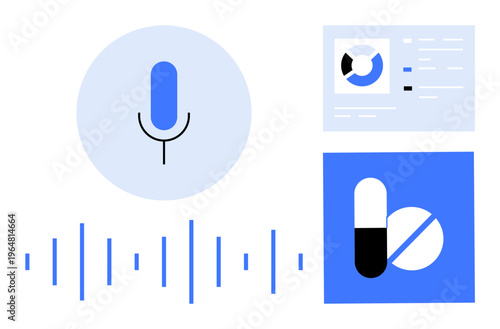 Voice recognition concept. Voice recognition enhances data analysis and healthcare innovations. Voice recognition improves interaction, analytics, and app development. Technology, healthcare, data