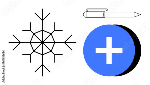 Abstract design. Features a detailed geometric snowflake, a ballpoint pen, and a bold blue plus sign shape. Abstract shapes ideal for creative designs, technology, education, healthcare