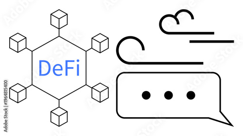 Finance innovation, investment models, technology networks, digital economy, decentralized systems, communication. Blockchain network with DeFi text and speech bubble. Finance innovation