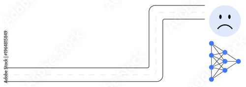 Decision-making concept. Artificial intelligence processing with a neural network and a sad face icon. Artificial intelligence challenging ethical decision-making. For AI applications, data ethics