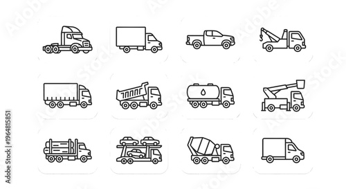 Each icon represents a different type of commercial or industrial vehicle. Row 1: A semi-truck cabin, a large box truck, a delivery pickup, and a small food truck. Row 2: A dump truck (tipper), a fuel
