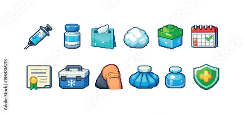 Pixel art medical icons set for healthcare and wellness applications