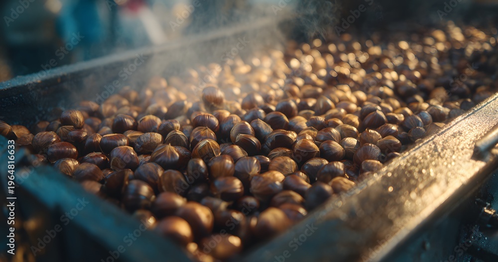 Fototapeta premium Fresh sweet chestnuts roasting in a large metal pan over an open fire with rising steam and warm golden hour sunlight creating a cozy winter holiday market atmosphere