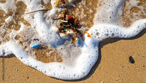 Plastic debris and trash in ocean foam washing ashore on a sandy beach, illustrating marine pollution and environmental crisis.