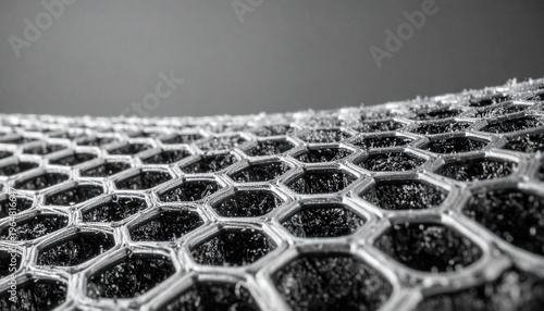 Grayscale hexagonal mesh texture close-up. Abstract geometric pattern with depth, modern technology background.
