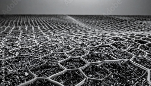 Expansive monochromatic landscape featuring an intricate hexagonal grid pattern on dark, textured ground, creating an abstract geometric design.