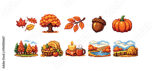 Pixel art collection of autumn elements and landscapes for seasonal design