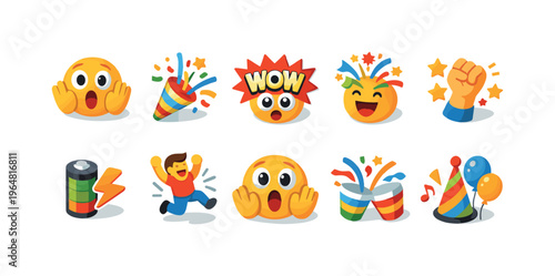 Collection of celebratory emojis and icons expressing excitement and joy