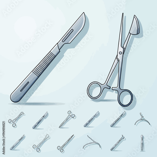 Set of various surgical instruments for medical procedures and operations.