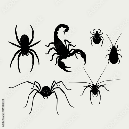 Silhouettes of various insects and arachnids including spiders, scorpions, and ticks.