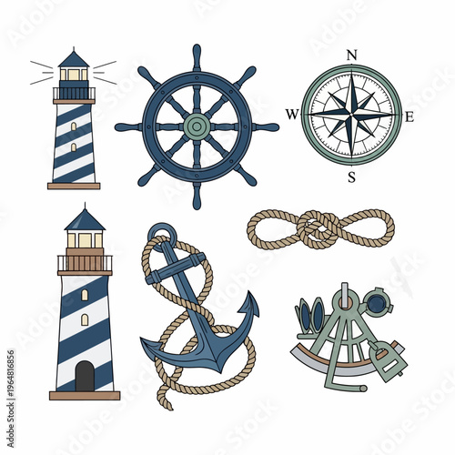 Nautical Elements Collection with Lighthouses, Anchor, Ship Wheel, Compass, and Knots.