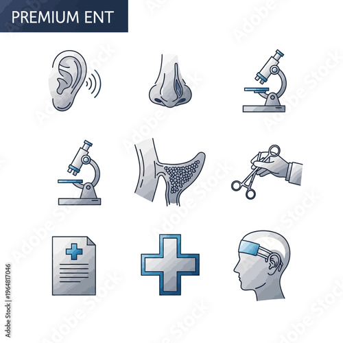 ENT Medical Icons Set Ear Nose Throat Microscope Surgery Tools.