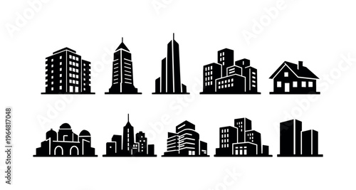 Collection of diverse building silhouettes representing urban and suburban architecture