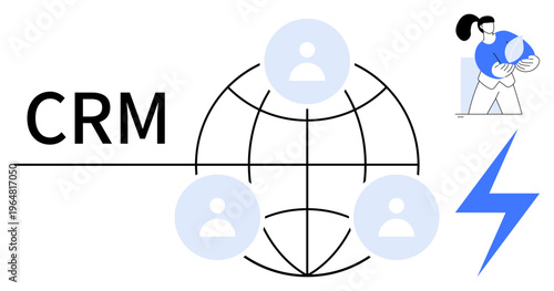 Customer relationship management, global networks, collaborative tools, business analytics, digital marketing, team connections. A globe with user icons and CRM text. CRM and global networks concept
