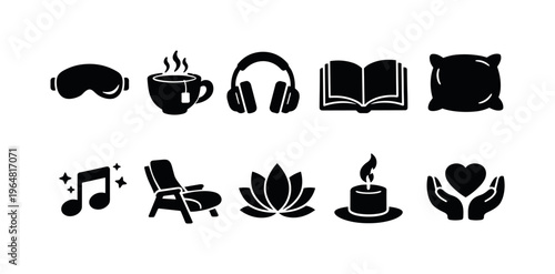 Collection of icons representing relaxation, self-care, and peaceful activities