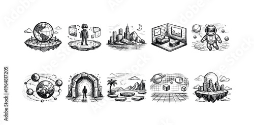 Collection of hand-drawn sketches depicting futuristic concepts and imaginative worlds