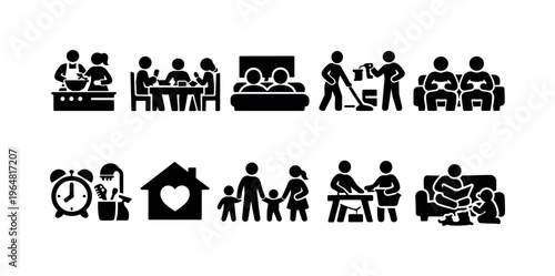Collection of simple stick figure icons depicting various family and home activities