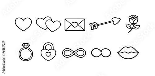 Collection of romantic symbols and icons representing love and relationships