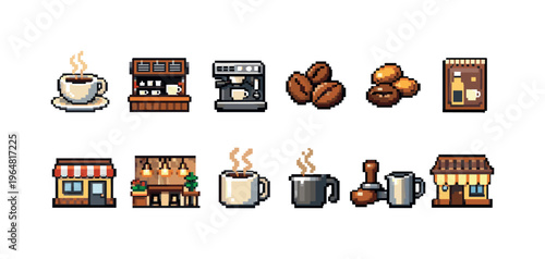 Pixel art collection of coffee shop icons and elements for design