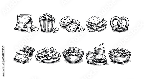 Collection of hand-drawn snack illustrations including chips, popcorn, cookies, and more