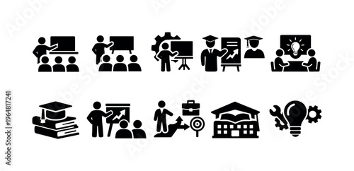 Collection of icons representing education, business, and innovation concepts