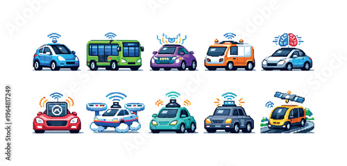 Collection of pixel art vehicles with wireless connectivity and autonomous driving features