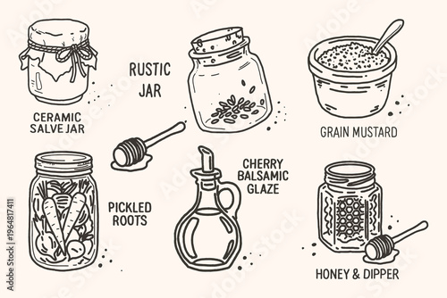 Hand Drawn Farmhouse Pantry Set, Honey, Jars, Mustard and Preserved Food