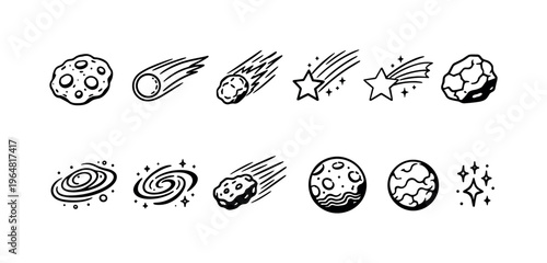 Collection of hand-drawn space icons featuring planets, asteroids, and galaxies