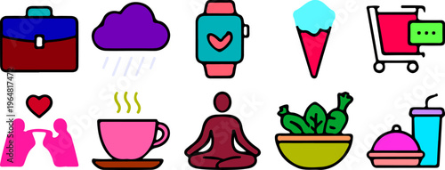 Lifestyle icon set with work weather fitness health food shopping meditation wellness coffee and daily activities symbols vector illustration

