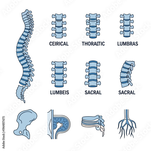 Detailed Human Spine Anatomy and Vertebrae Sections Illustration.