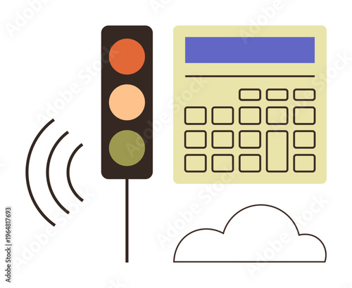 Traffic management, smart devices, data communication, IoT systems, urban technology, and automation. A traffic light and cloud-connected keypad device. Traffic management and smart devices concept