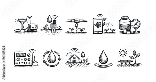 Smart farming technology icons depicting automated irrigation and water management systems