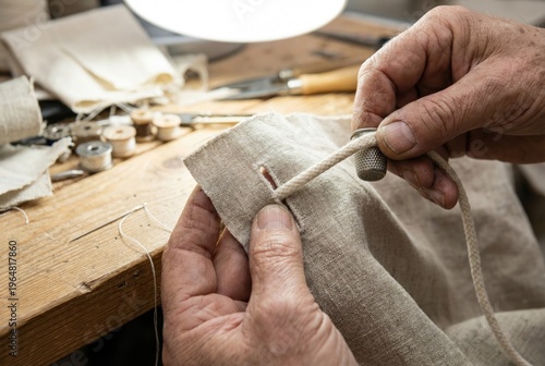 Tailor sewing a buttonhole on linen fabric using a needle thread and thimble