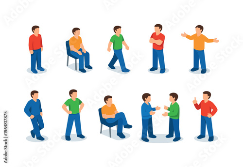 Collection of diverse isometric male figures in various poses and actions