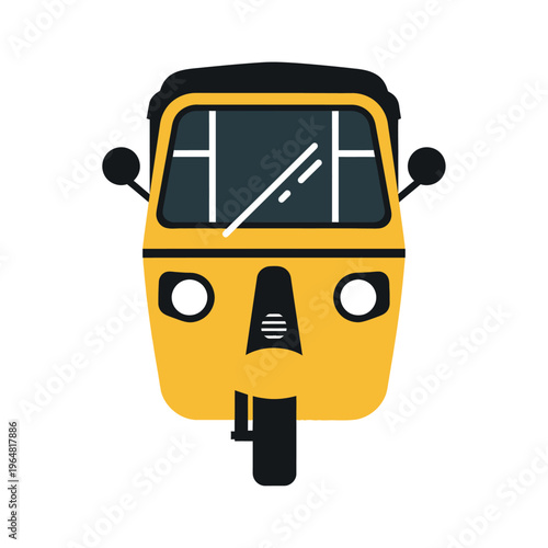 Front view of a yellow auto rickshaw, a popular mode of transport in many Asian countries.