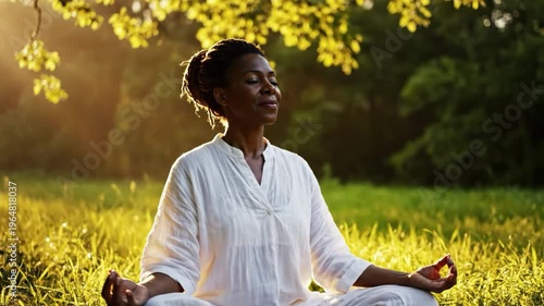 Woman meditating in lotus position outdoors during golden hour sunlight