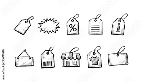 Hand-drawn icons representing shopping tags, sales, and retail elements