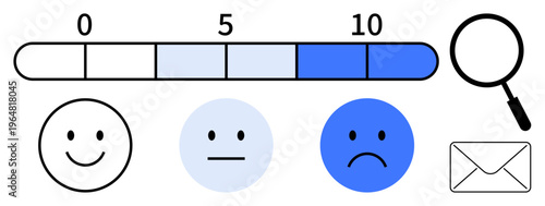 Customer feedback. Customer feedback with numerical scale and emoticons ranging from happy to sad faces. Customer feedback as a key element for sentiment analysis, surveys, and email communication