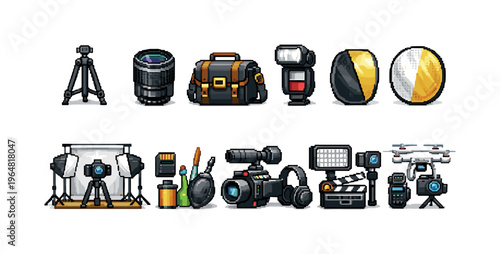 Pixel art collection of photography and videography equipment icons
