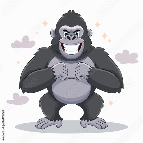 Cheeky gorilla showing wide grin with clenched fists