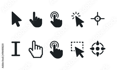 Collection of diverse cursor icons representing various computer interactions and navigation