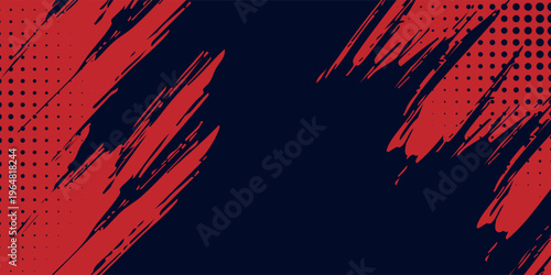 Abstract Red Grunge Brush Strokes on Navy Blue Background with Halftone Dot Pattern Eps 10