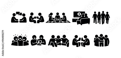 Collection of stick figure icons depicting various social interactions and group activities