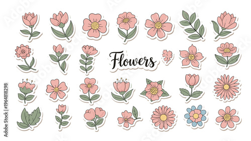 Beautiful collection of cute hand drawn flower sticker icons and spring blossom floral elements for scrapbooking card design and wedding invitations isolated on white background for DIY art