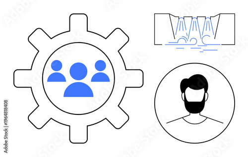 Business processes, employee management, user profiles, automated systems, organizational tools, workflow. Icon set team in cogwheel, bearded user profile water flow. Teamwork and employee