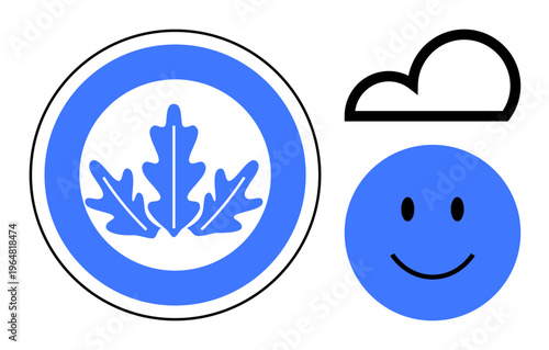 Nature symbolism. Iconic blue leaf emblem paired with a smiling face and cloud. Nature symbolism s harmony, positivity, and an optimistic outlook. Ideal for eco branding, apps concepts, education