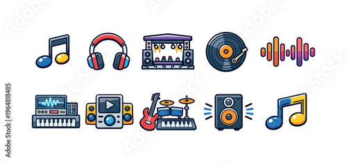 Collection of colorful music icons representing various audio equipment and symbols